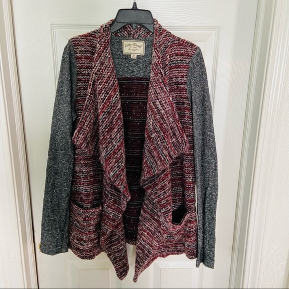 LUCKY BRAND burgundy & gray open front wool blend waterfall cardigan SZ medium